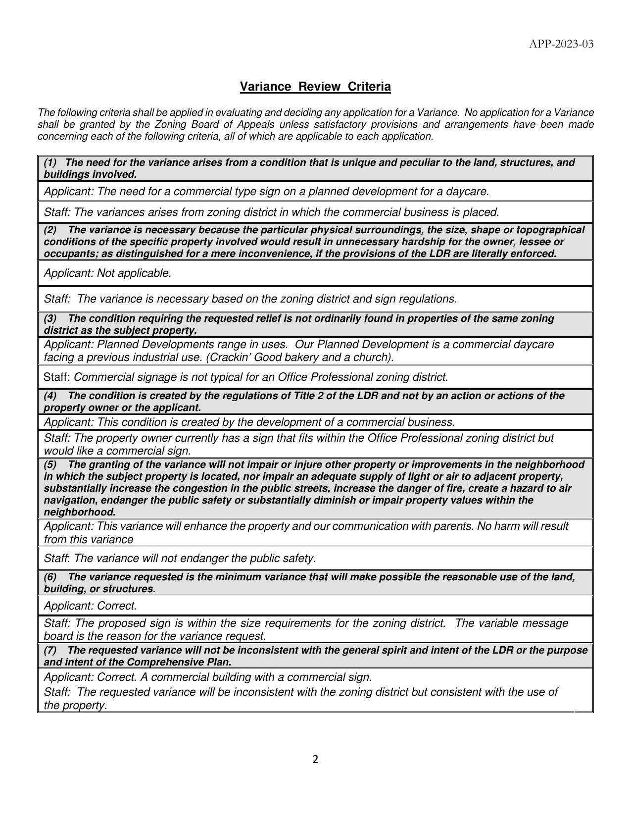 Variance Review Criteria