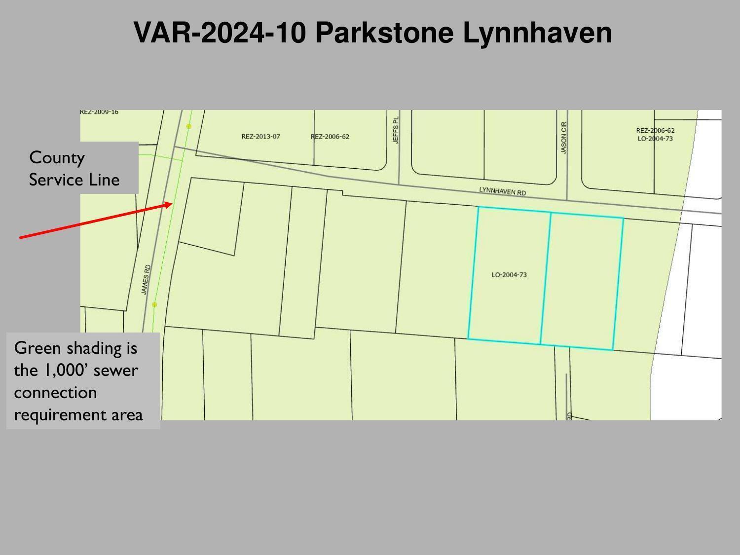 Map: County Service Line, 1,000' sewer connection requirement area